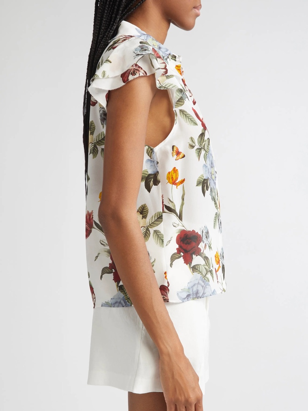 Bailey 44 White Green Multicolor Floral Ruffle Cap Sleeve Lined Blouse Size XL